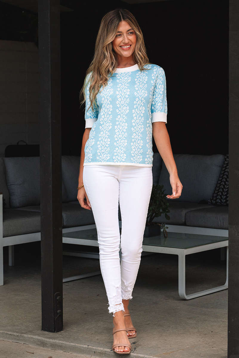Sky Blue Contrast Floral Crewneck Short Sleeve Sweater