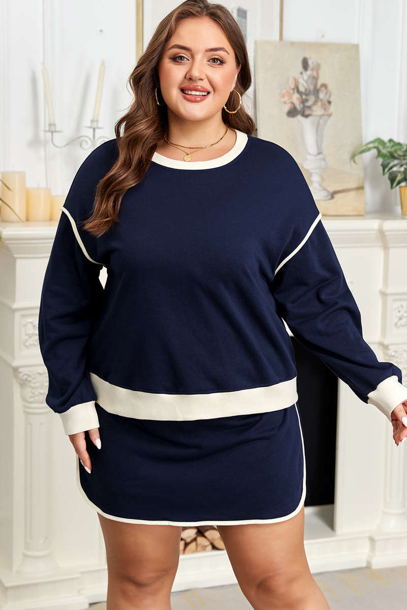 Navy Blue Plus Color Block Drop Shoulder Top and Lace-up Skirt Outfit