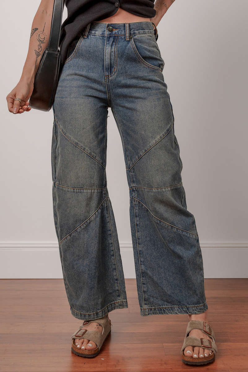 Sail Blue Exposed Stitching Loose Straight High Waist Jeans