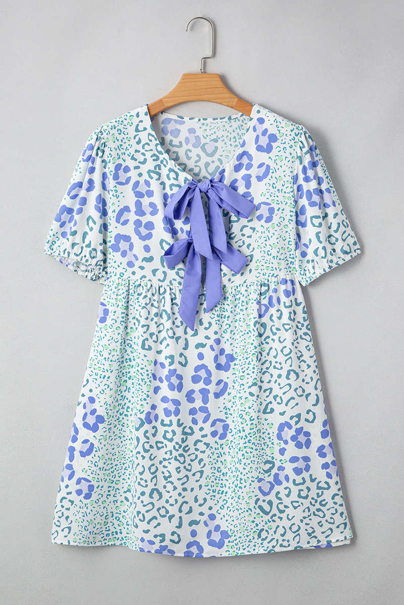 Sky Blue Leopard Contrast Bow Puff Sleeve Mini Dress