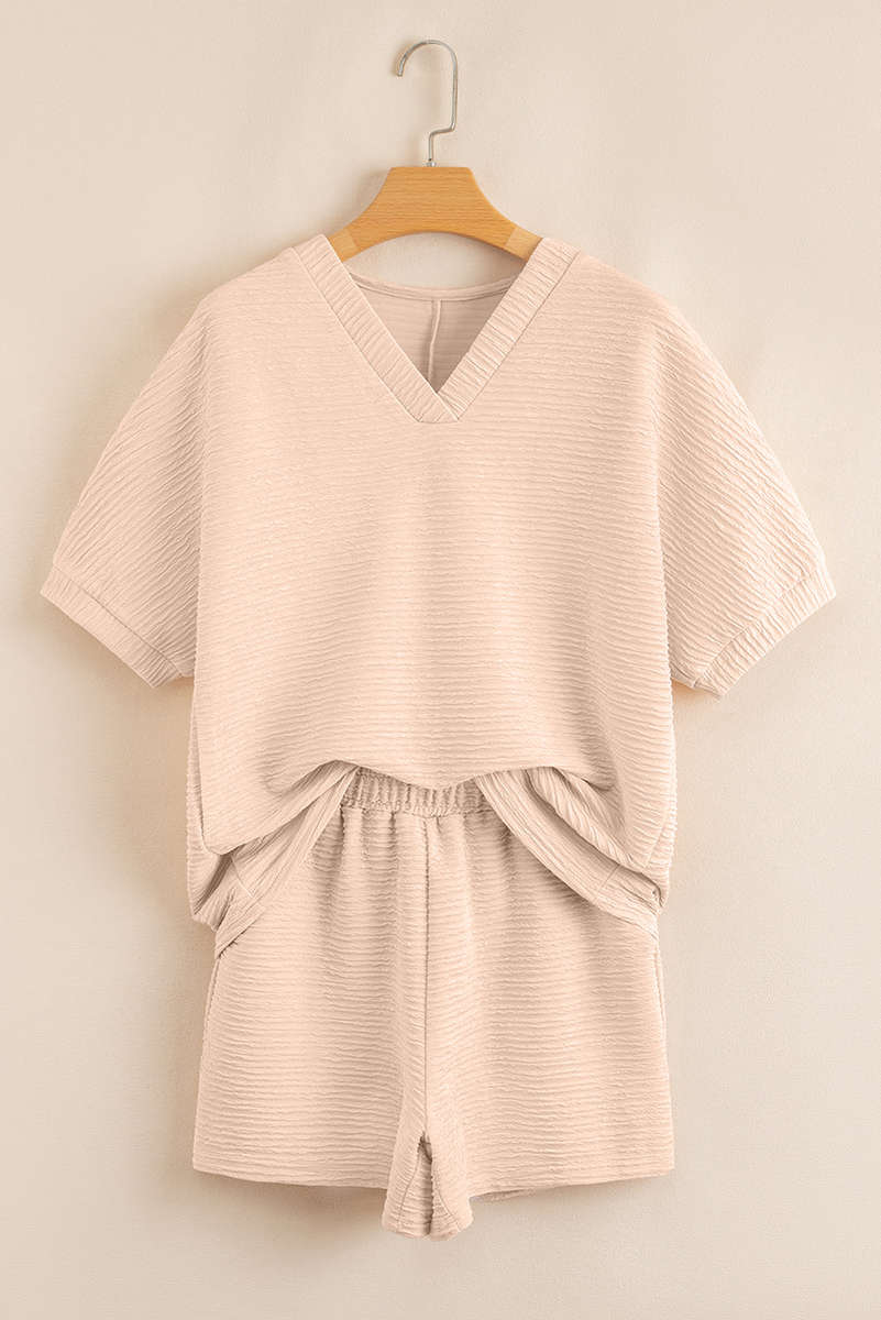 Apricot Textured V Neck T Shirt and Shorts Set