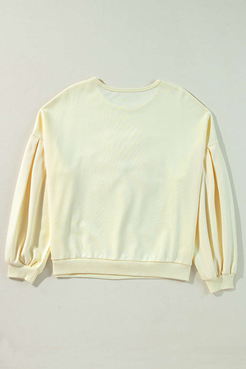 Beige Tinsel Flower Dropped Puff Sleeve Sweatshirt