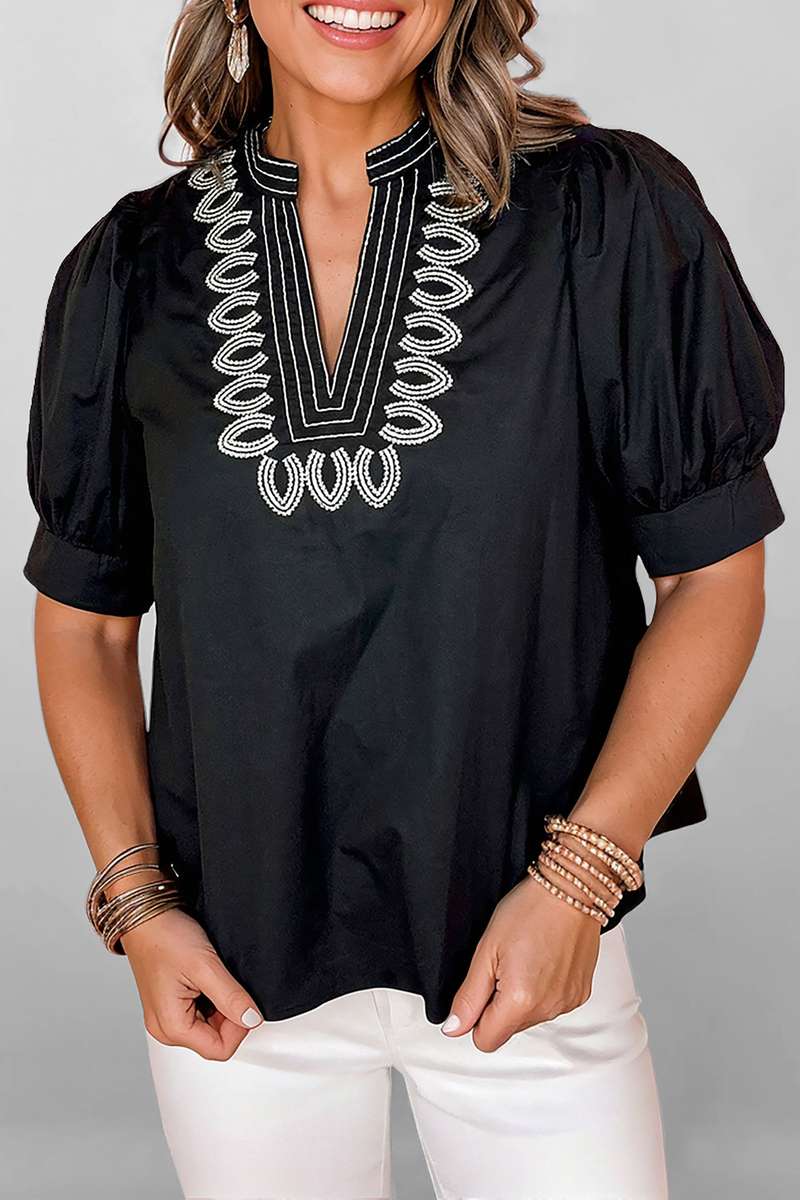 Black Short Puff Sleeve Contrast Embroidered Detail V Neck Blouse