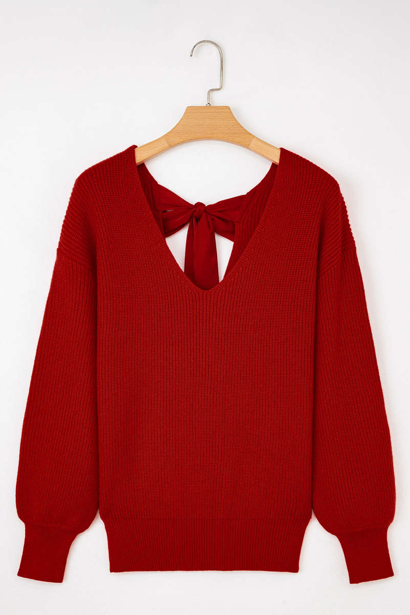 Racing Red Lantern Sleeve V Neck Knot Back Sweater