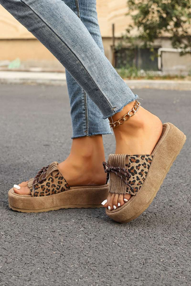 Coffee Leopard Faux Suede Slashed Lace-up Detail Platform Slippers