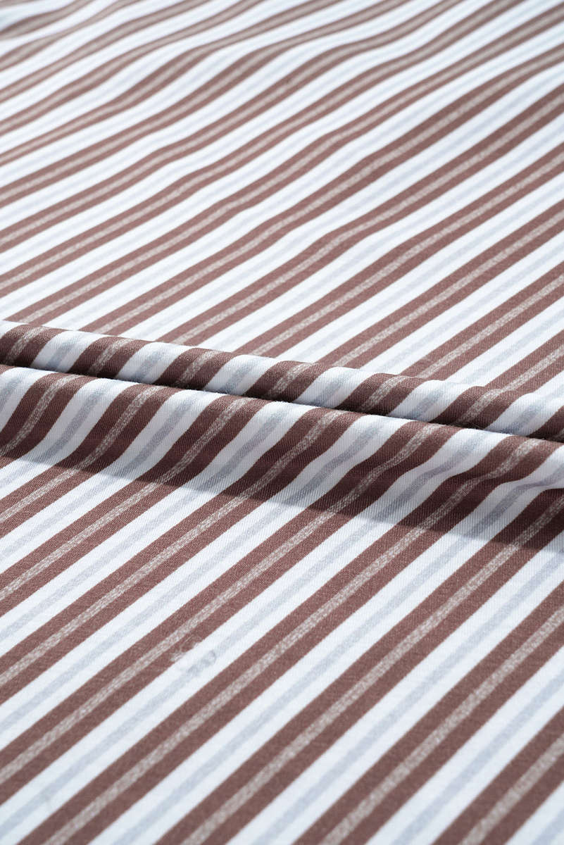 Chestnut Striped Stand V Neck Short Sleeve Blouse