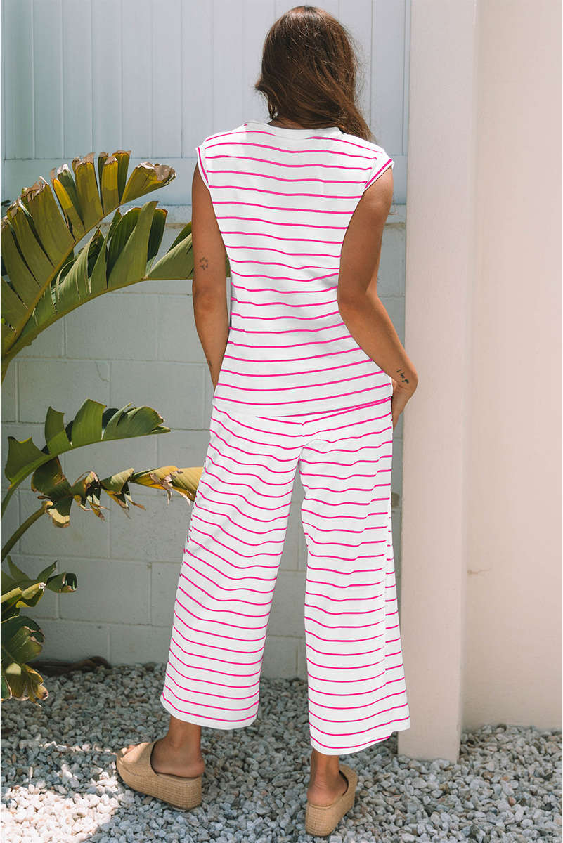 Rose Stripe Casual Wide Leg 2pcs Pants Set