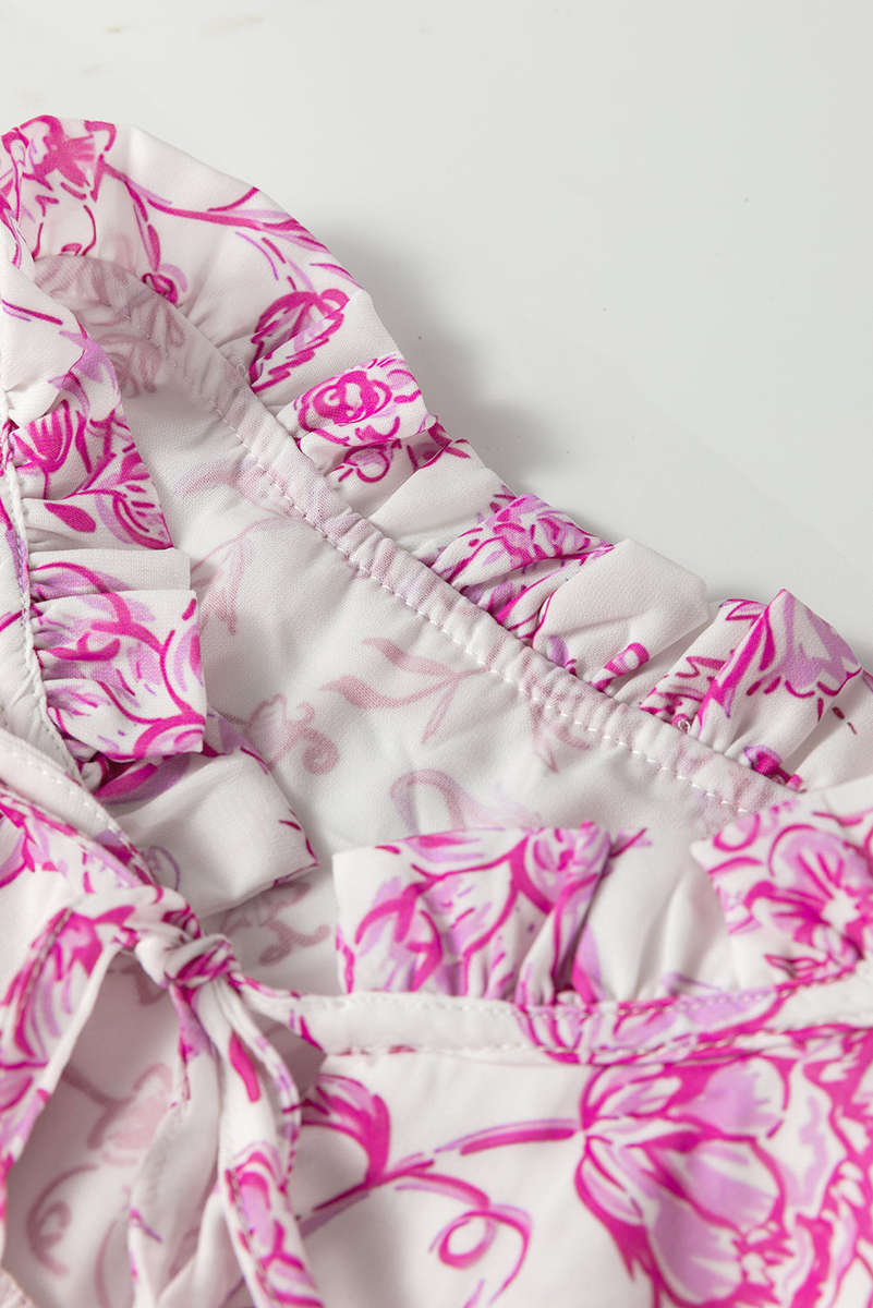 Pink Baroque Floral Ruffle Sleeve V Neck Blouse Top