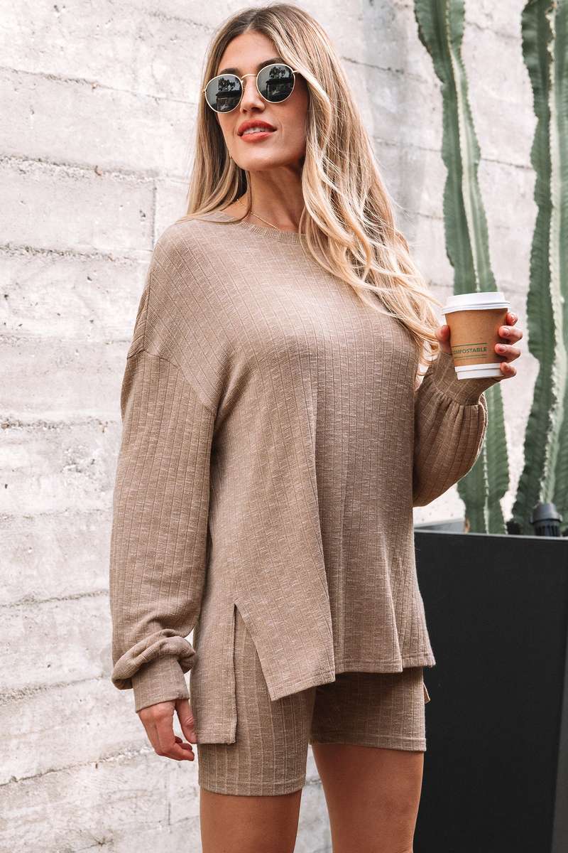 Dark Khaki Ribbed Balloon Sleeve Pullover Top and Biker Knitted Short Set
