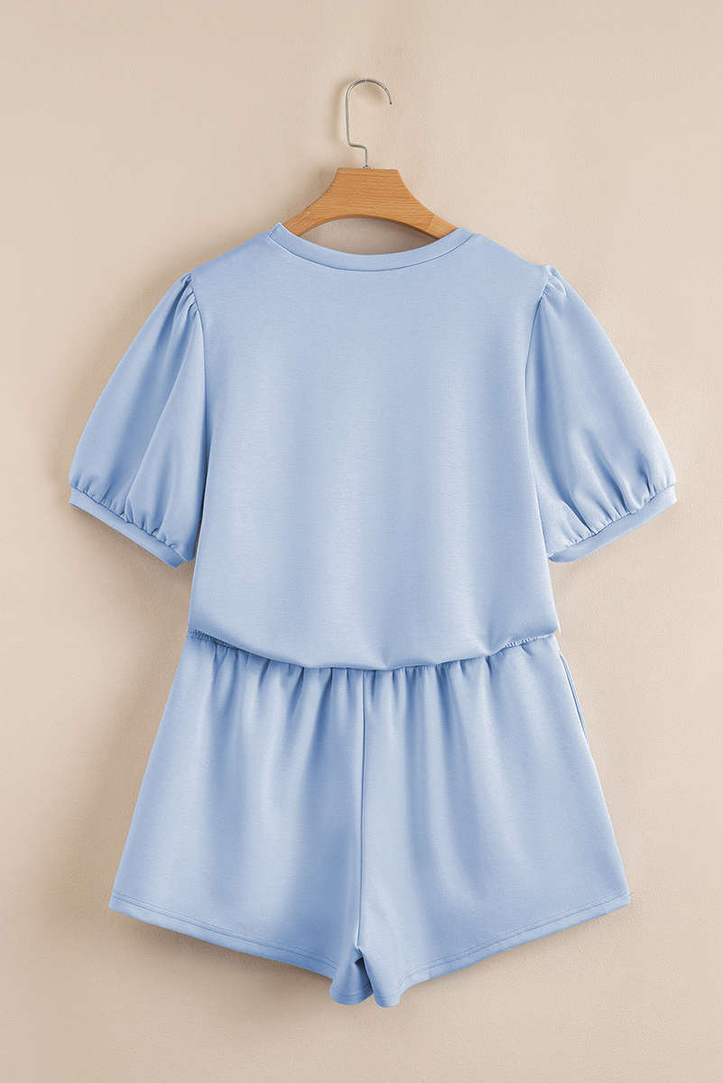 Beau Blue Puff Sleeve Pearl Embellished Scallop Trim Top 2 Piece Skort Set
