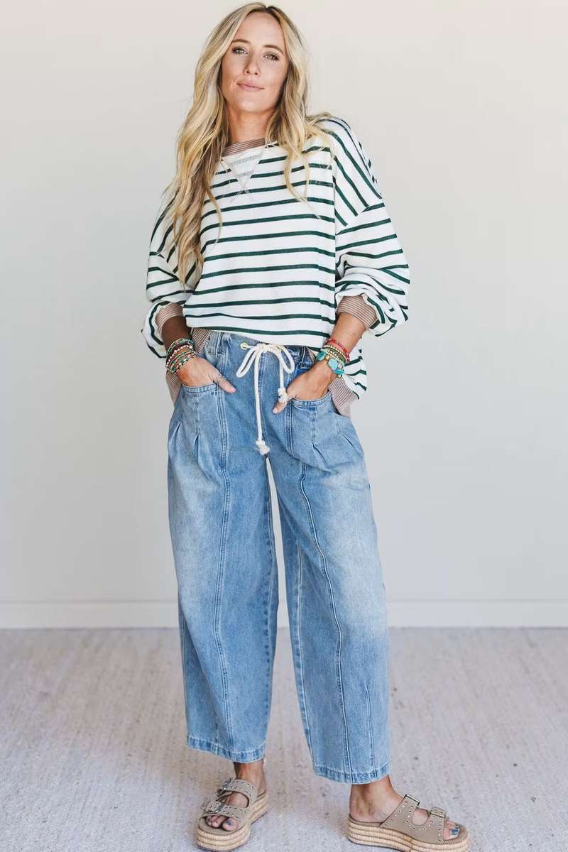 White Stripe Twisted Ribbed Patchwork Drop Shoulder Round Neck Sweatshirt