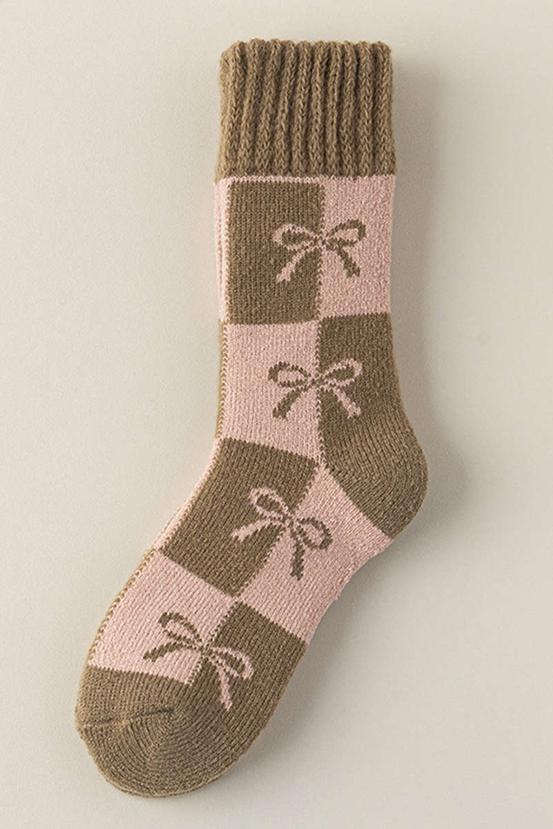 Sage Green Checkered Bowknot Printed Thermal Mid Calf Socks