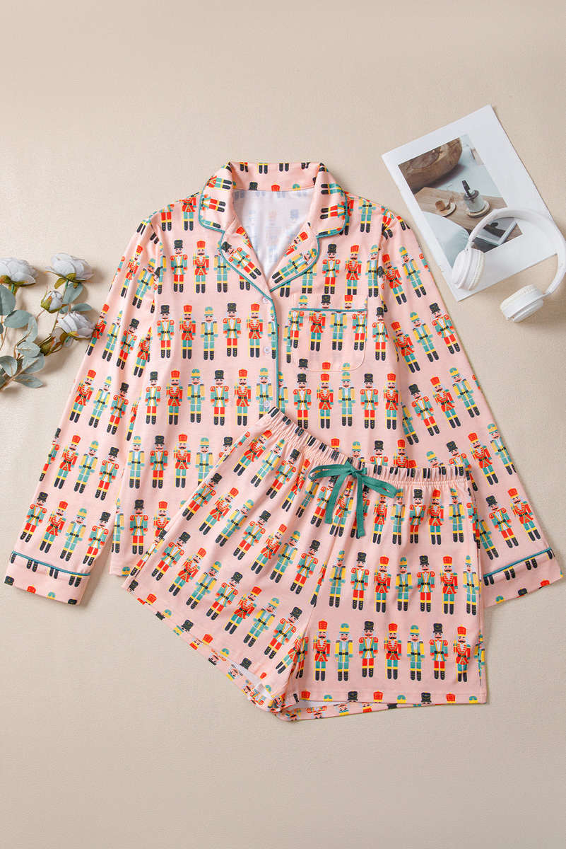 Pink Nutcracker March Long Sleeve Button Up 2pcs Pajama Short Set