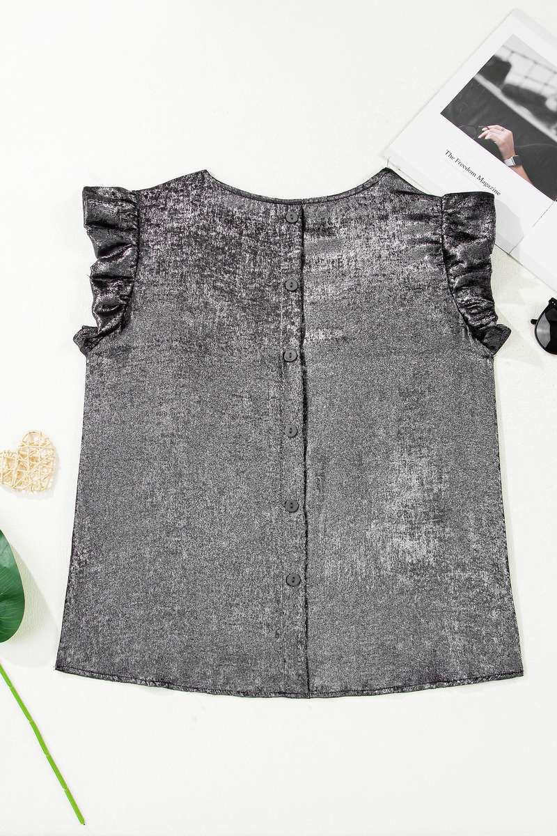 Silvery Metallic Round Neck Ruffle Trim Sleeveless Top