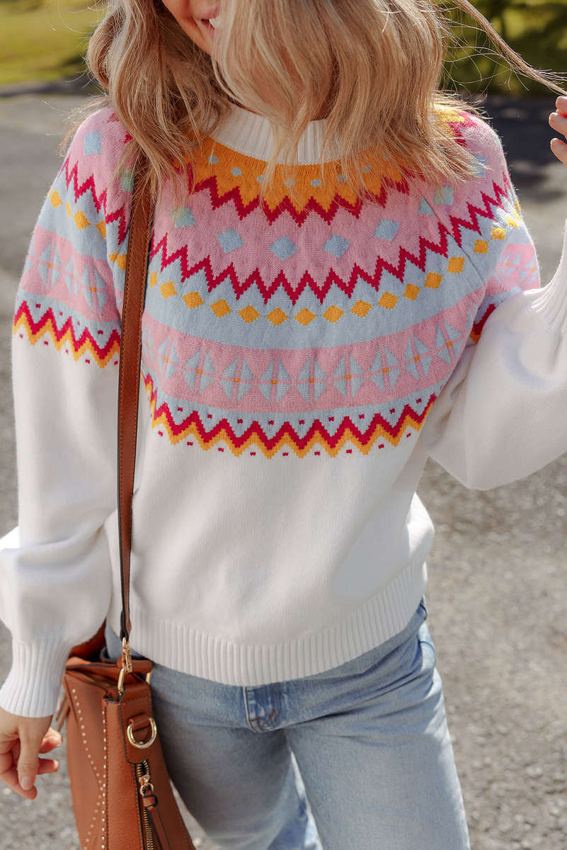 White Ethnic Geometric Colorblock Print Drop Shoulder Sweater