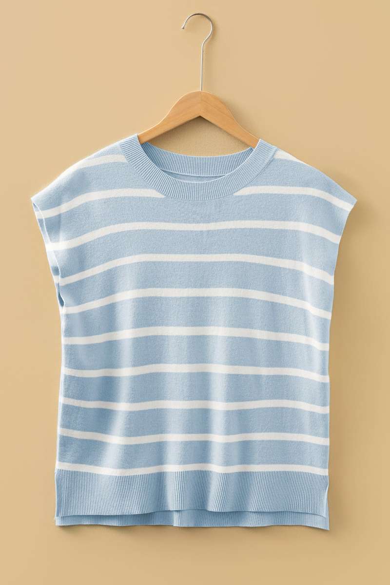 Beau Blue Side Slits Crewneck Short Sleeve Sweater Tee