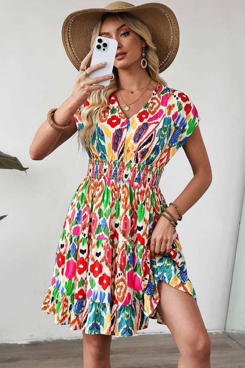 Sky Blue Abstract Print V Neck Dolman Sleeve Ruffle Tiered Mini Dress