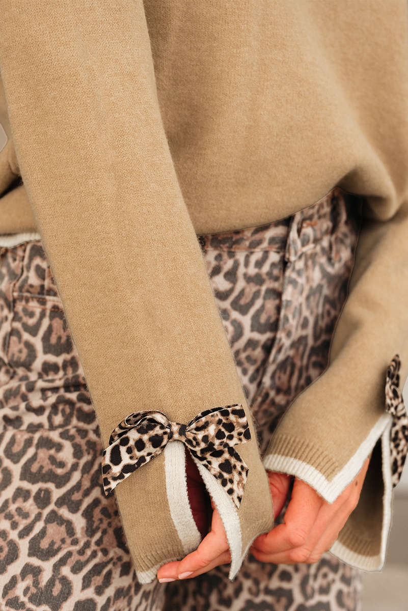 Tan Leopard Bow Decor Split Cuff Contrast Trim Sweater