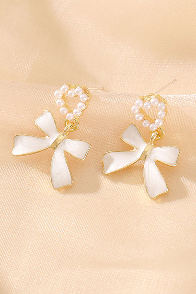 Gold Pearled Heart Shape Bow Knot Dangle Earrings