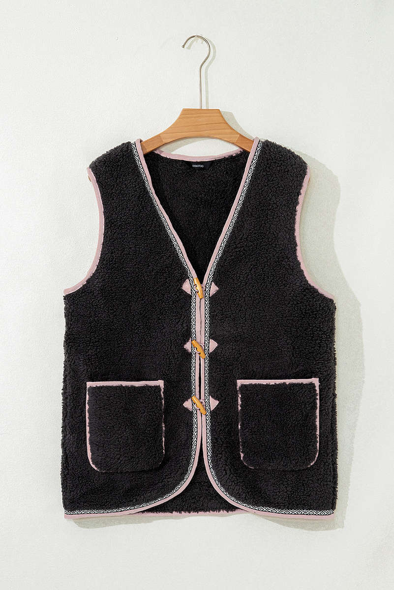Dark Grey Sherpa Contrast Trim Patch Pocket Cartridge Toggle Button Vest
