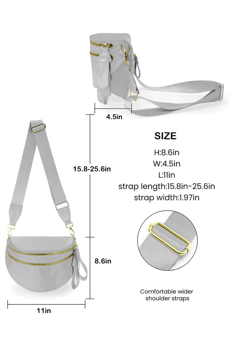 Light Grey Double Zip Crescent Shape Adjustable Sling Bag