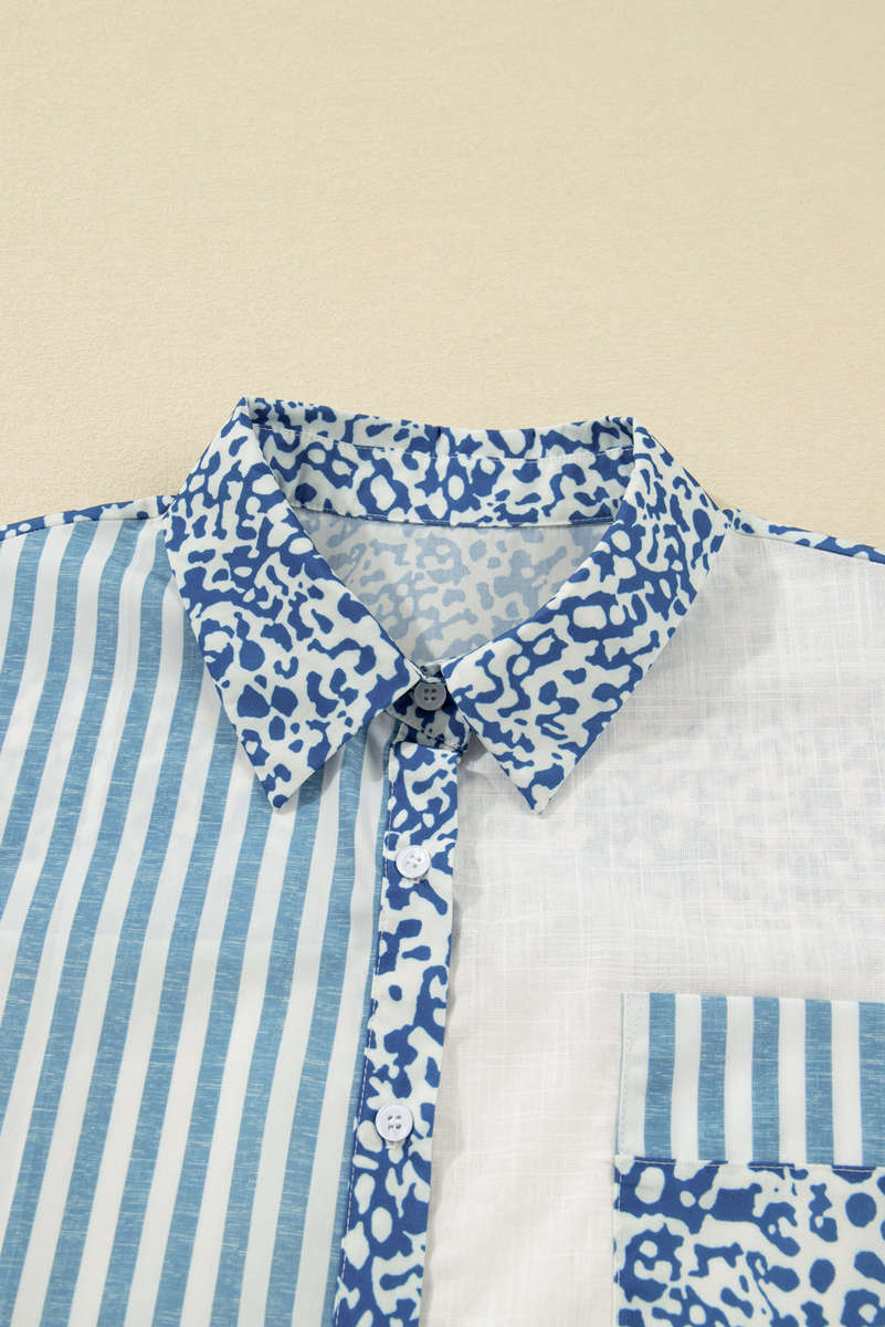 Sky Blue Leopard Striped Patchwork Casual Plus Shirt
