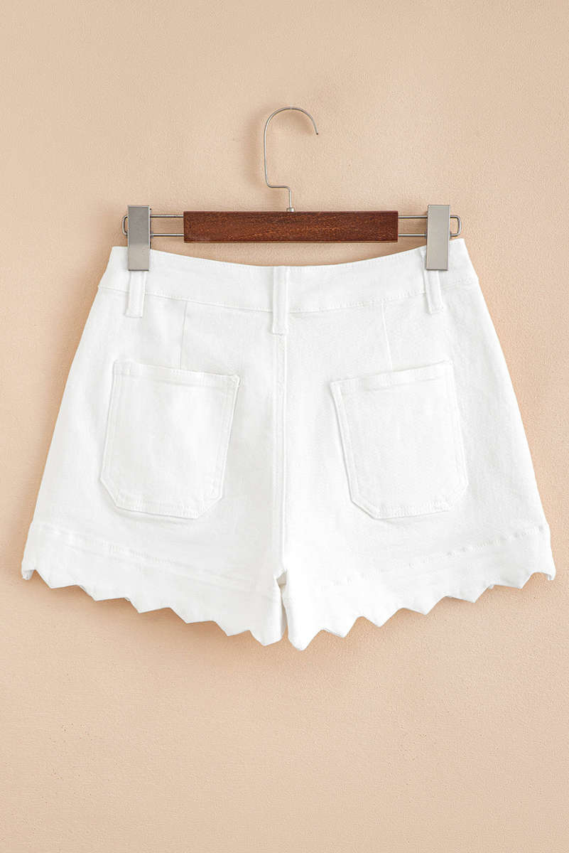White Scalloped Hemline Acid Wash High Waist Denim Shorts