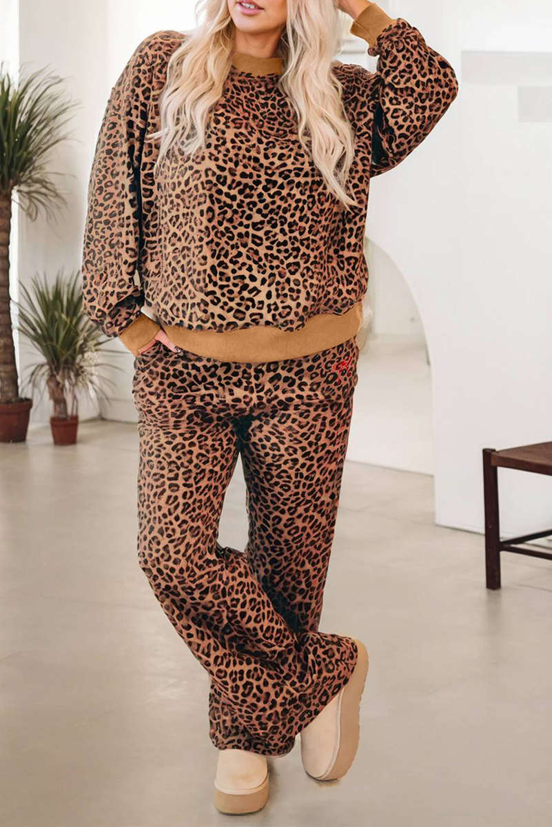 Khaki Leopard Pullover and Pants 2pcs Outfit with Bow Embroidery