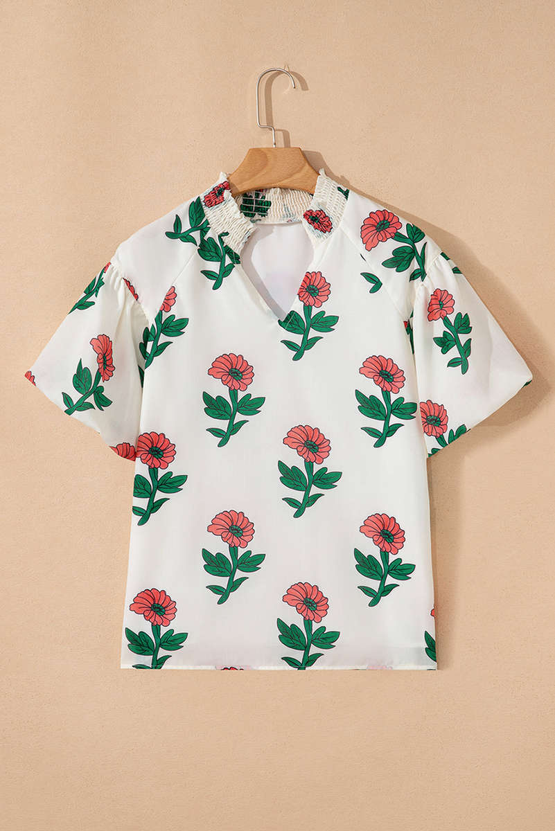 Beige Floral Print Shirred Split Neck Short Sleeve Blouse