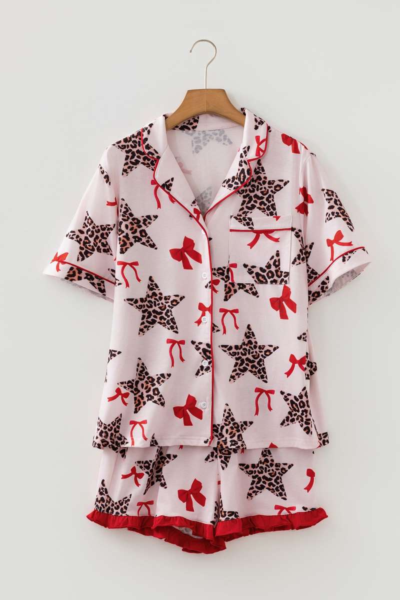 White Leopard Star Ribbon Bow Print Contrast Trim Short Pajama Set