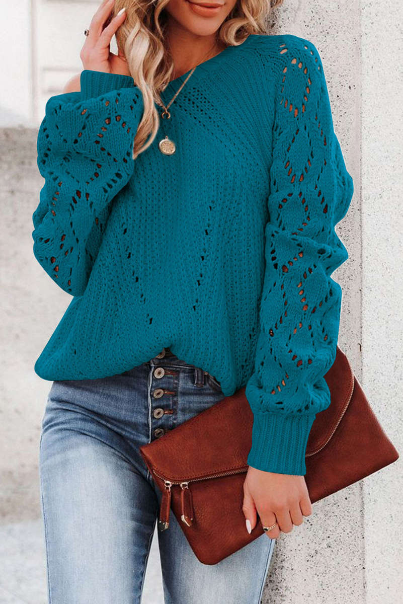 Blue Hollow-out Puffy Sleeve Knit Sweater