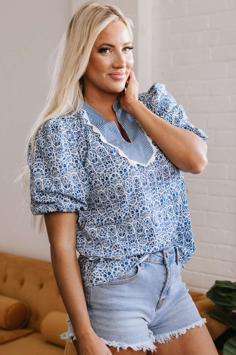 Blue Floral Striped Print Contrast Ric-rac Puff Sleeve Top