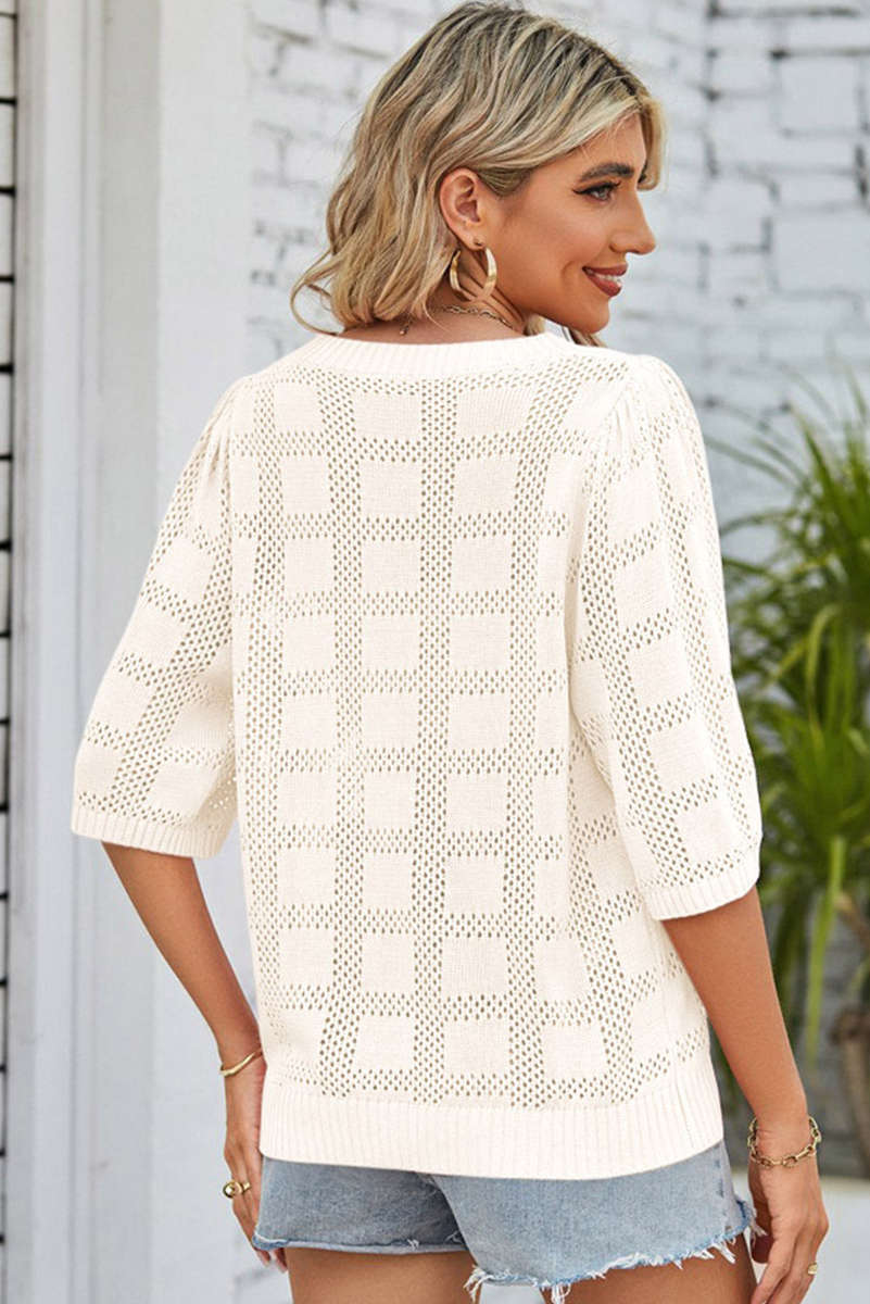 White Plaid Pattern Crochet Knit Short Sleeve Sweater