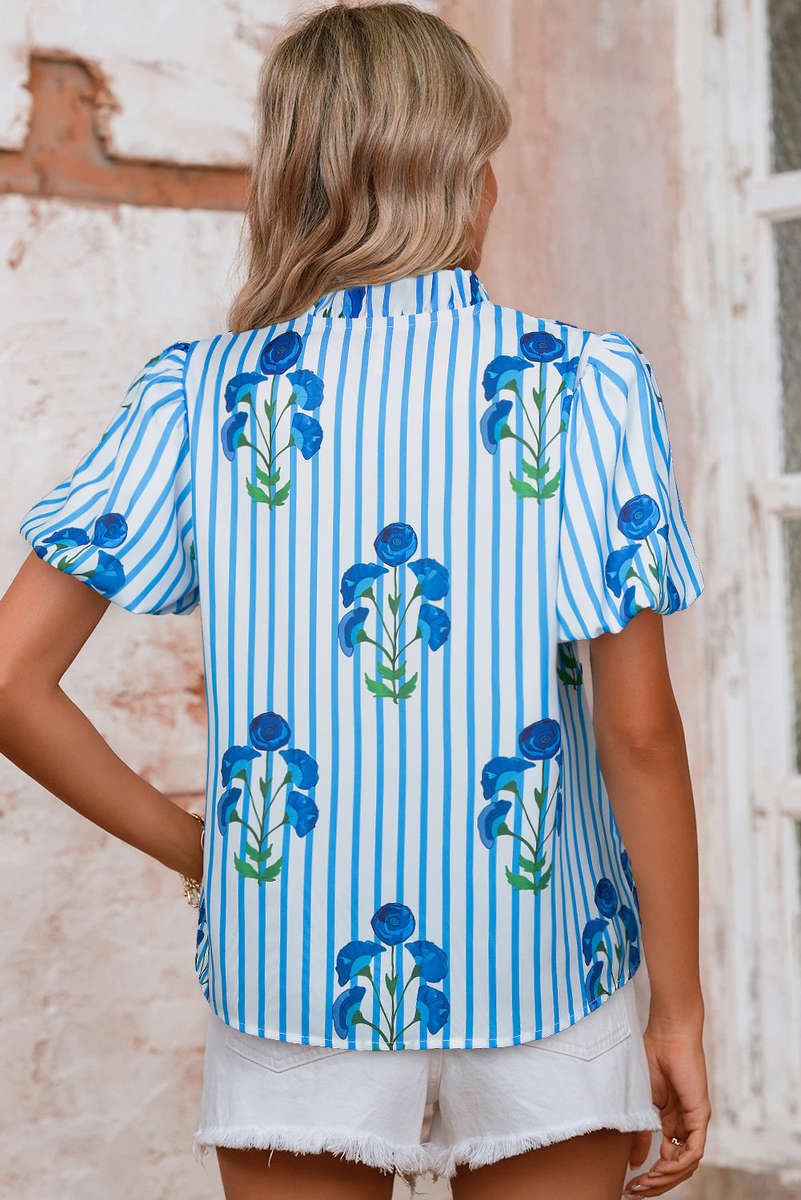 Sky Blue Stripe Floral Buttoned Frilly Notched Neck Puff Sleeve Summer Blouse