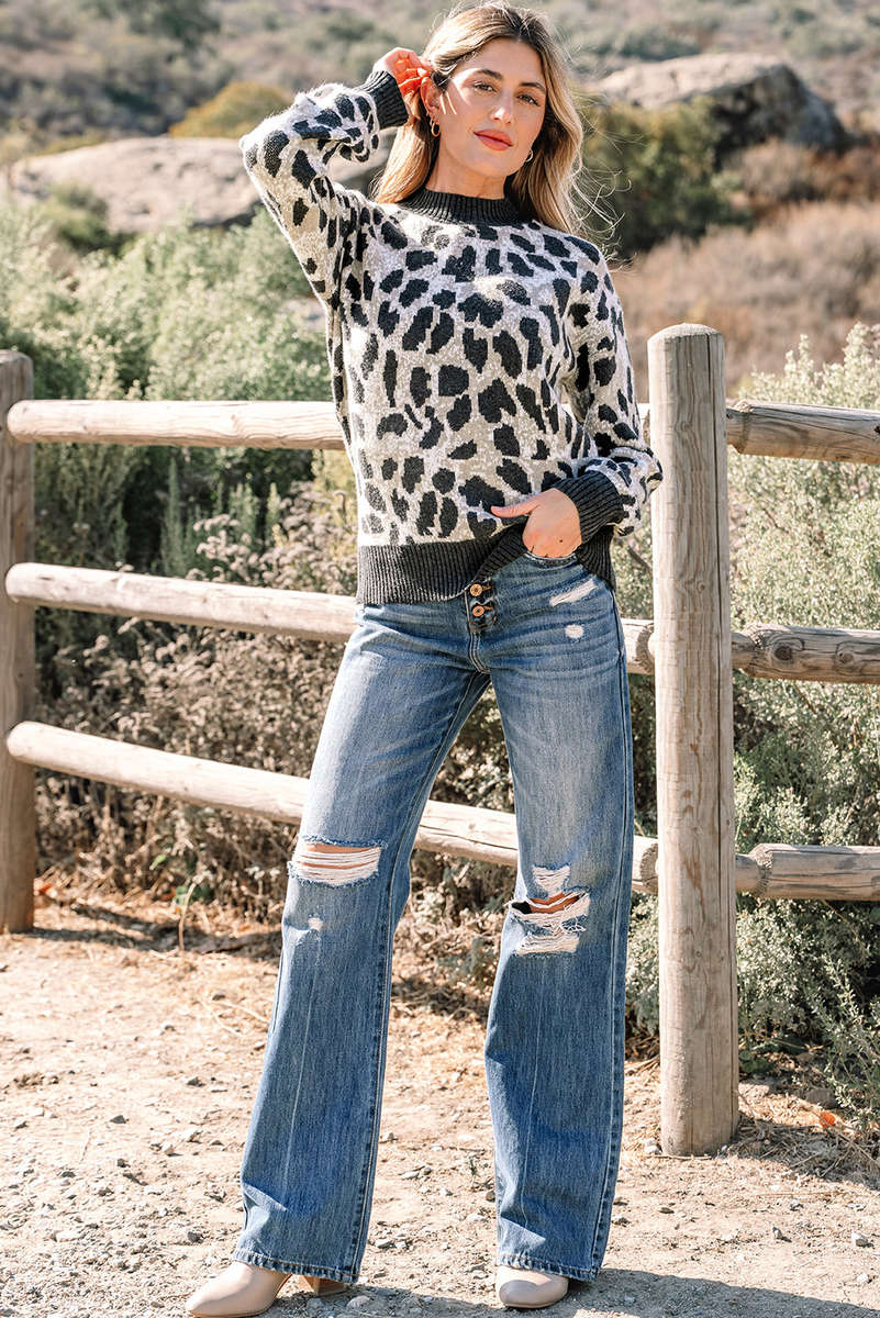 Carbon Grey Leopard Drop Shoulder Baggy Sweater