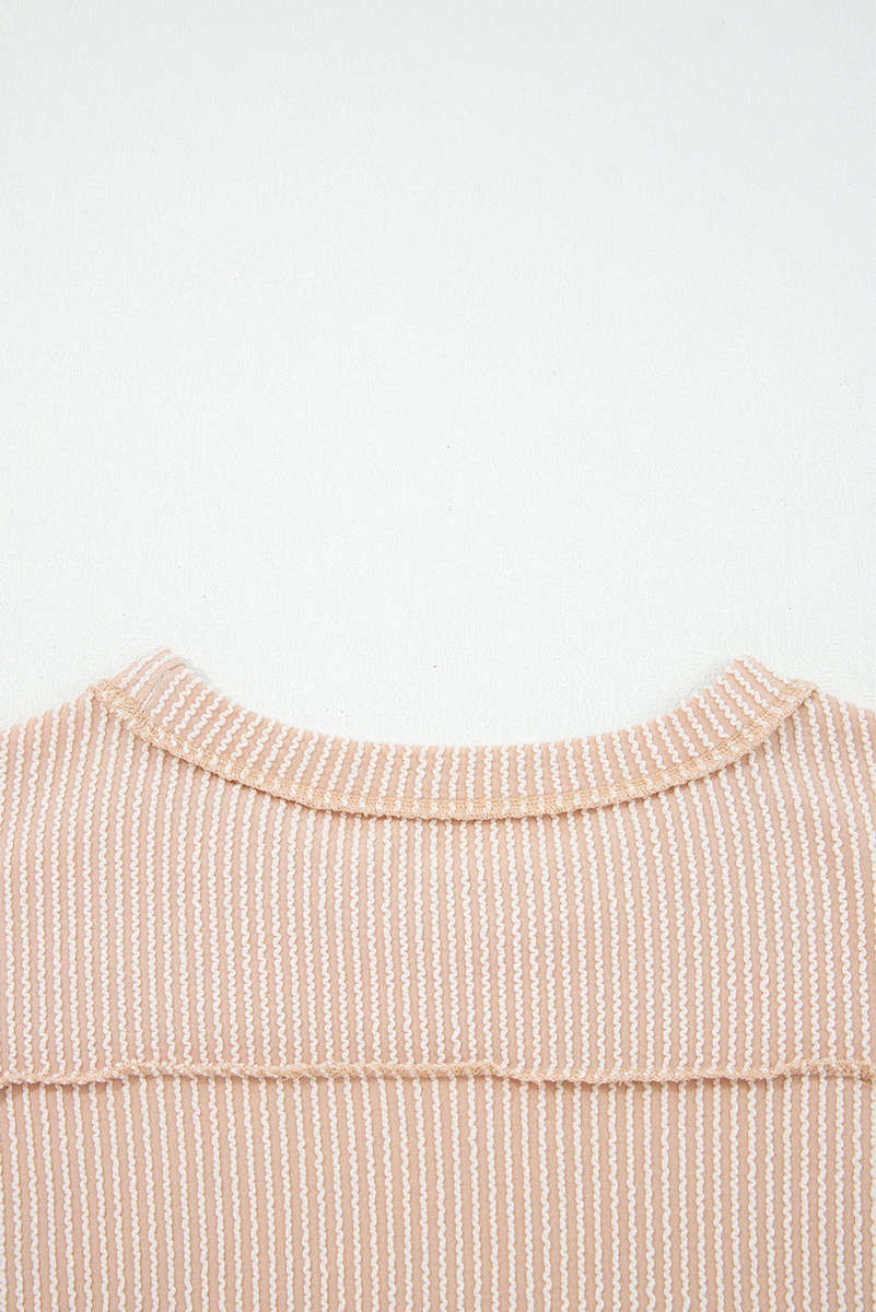 Parchment Twist Ribbed Exposed Seam Detail Long Sleeve Loose Top