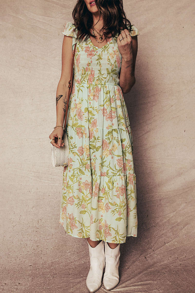Yellow Smocked Bodice Ruffled Sleeveless Tiered Floral Maxi Dress
