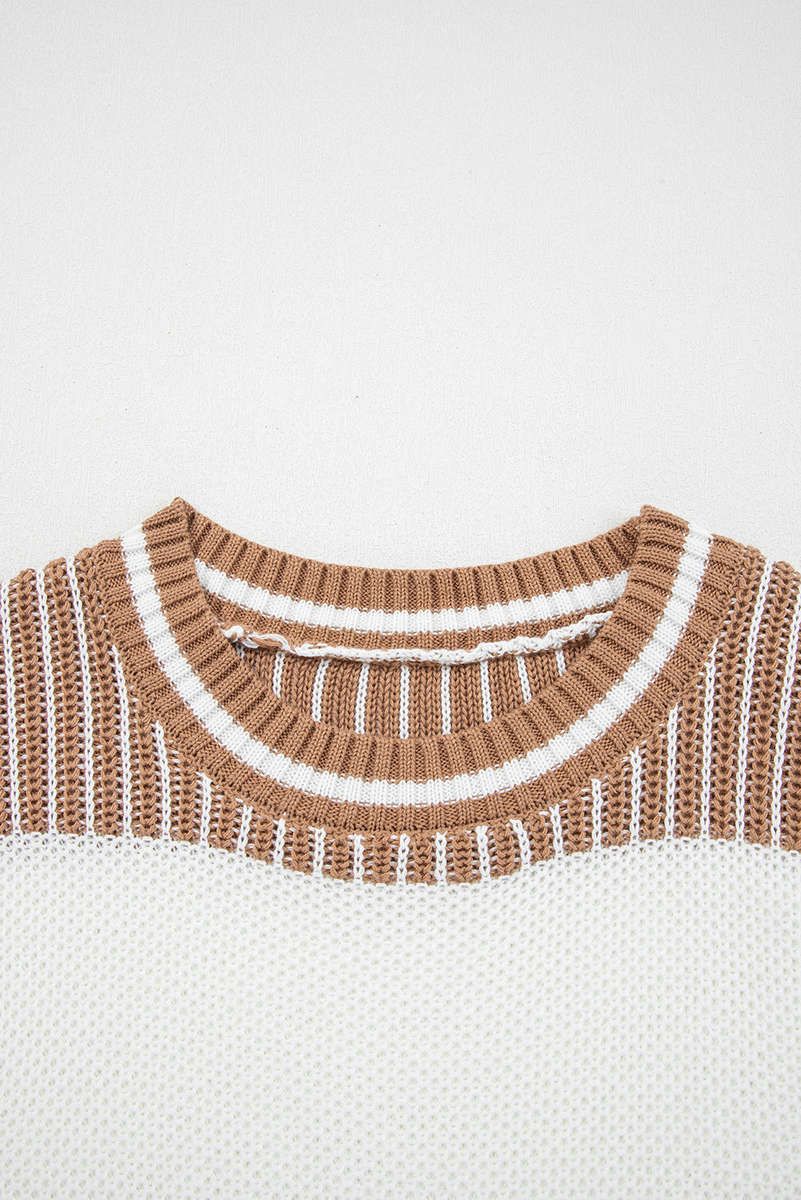 Khaki Two Tone Striped Patchwork Drop Shoulder Loose Sweater