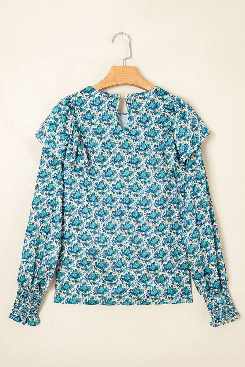Green Abstract Print Shirred Cuff Puff Sleeve Blouse