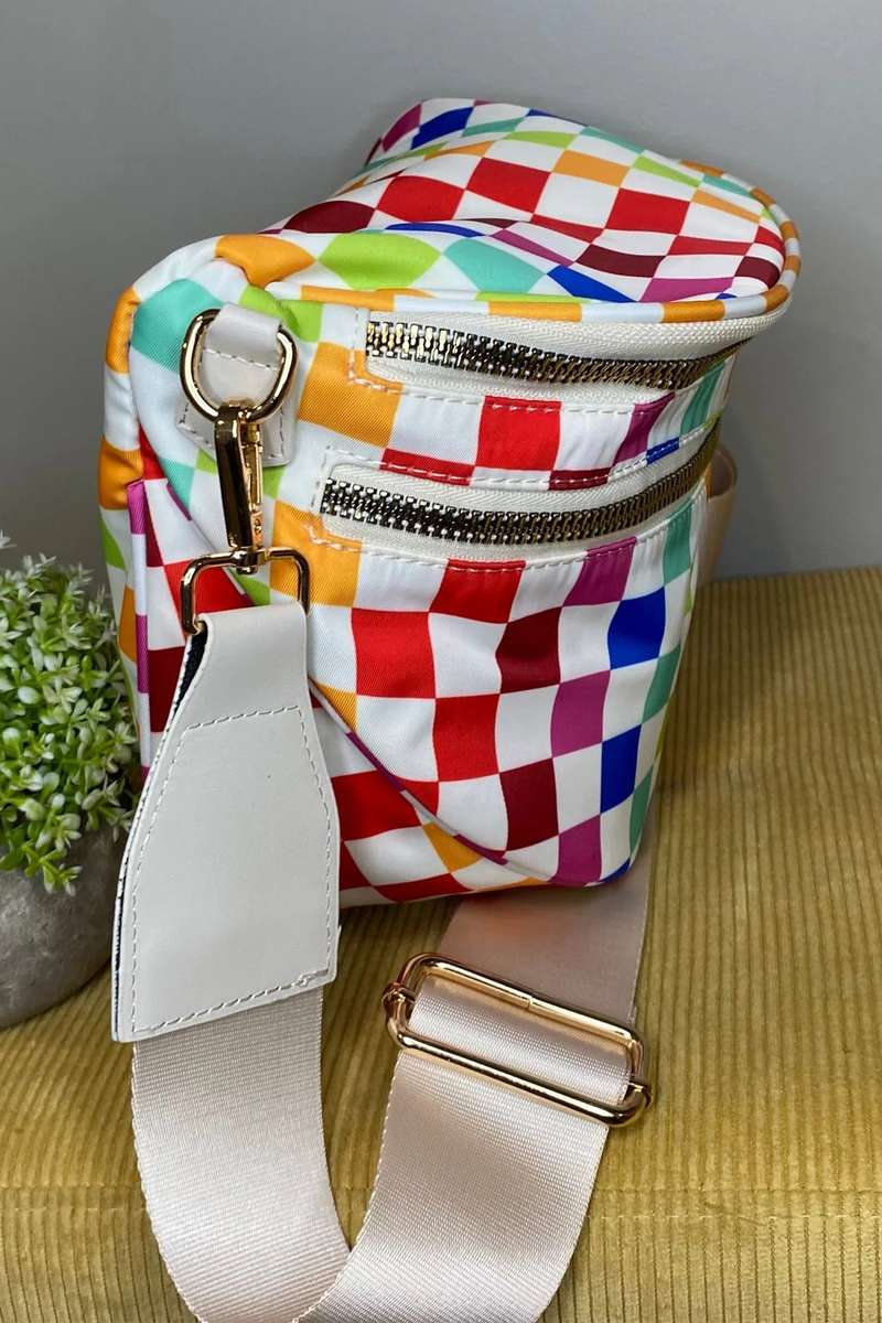 White Pretty Checkerboard Canvas Double Zip Crossbody Bag