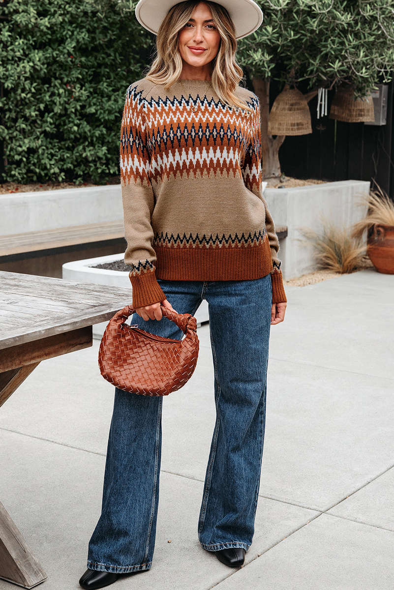 Khaki Aztec Print Colorblock Crew Neck Sweater