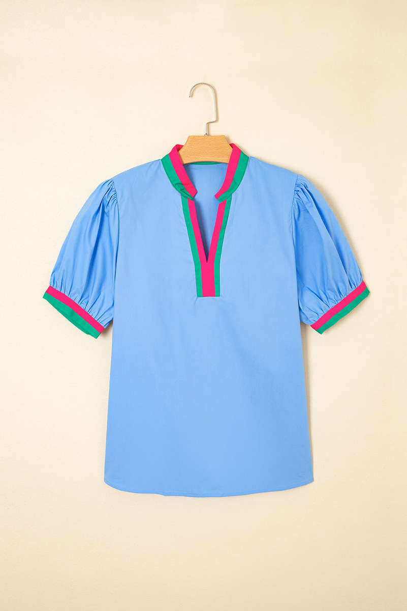Sky Blue Contrast Striped V Neck Collision Short Puff Sleeve Blouse