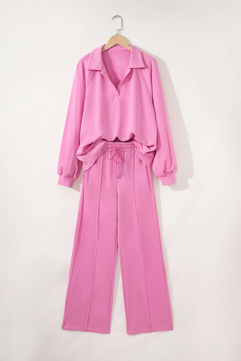 Bright Pink Polo Collar V Neck Pullover and Drawstring Sweatpants Set