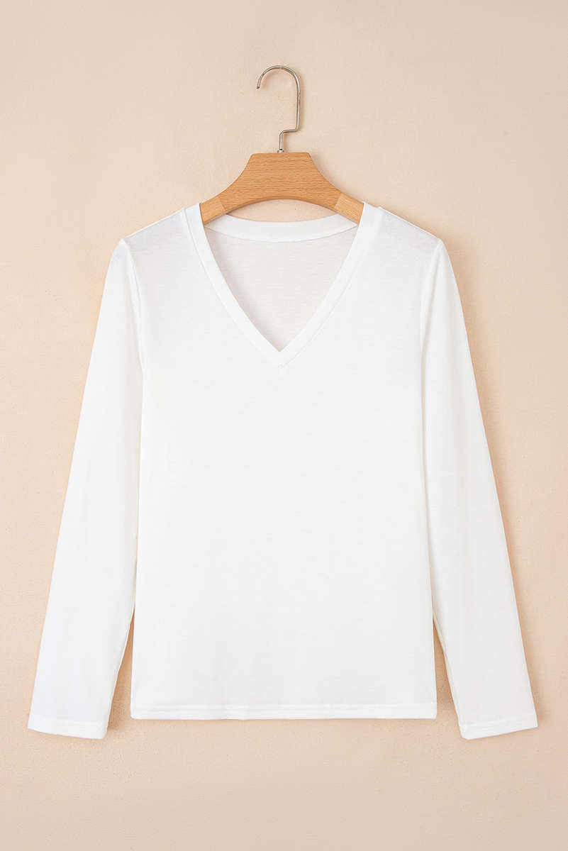 White Solid Color V Neck Long Sleeve Stretchy Top