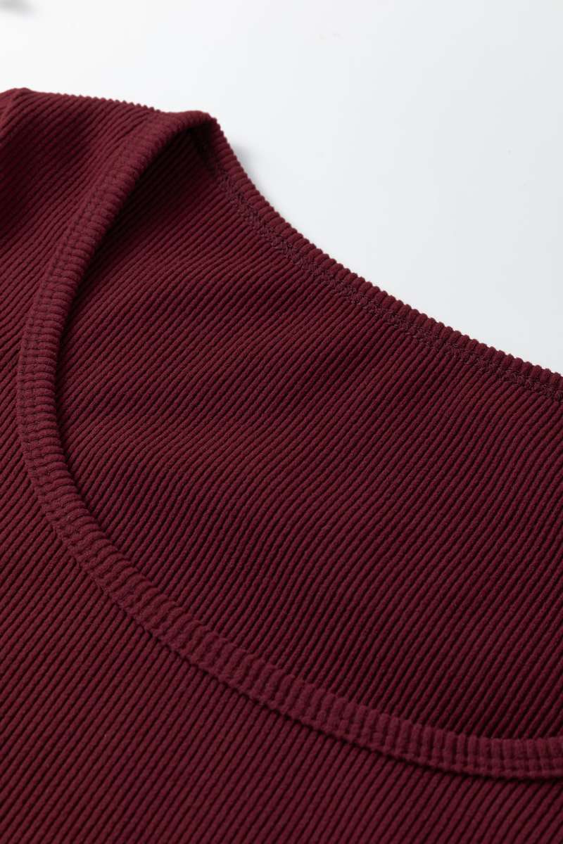 Coffee Ribbed Solid Color U Neck Cropped Long Sleeve Top