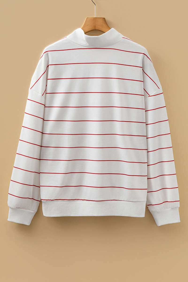 Fiery Red Zip V Neck Casual Stripe Print Drop Shoulder Long Sleeve Top