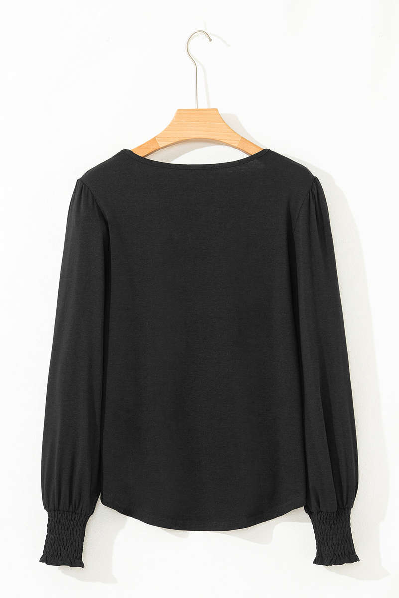 Black Shirred Shoulder Frilled Cuffs Long Sleeve Top