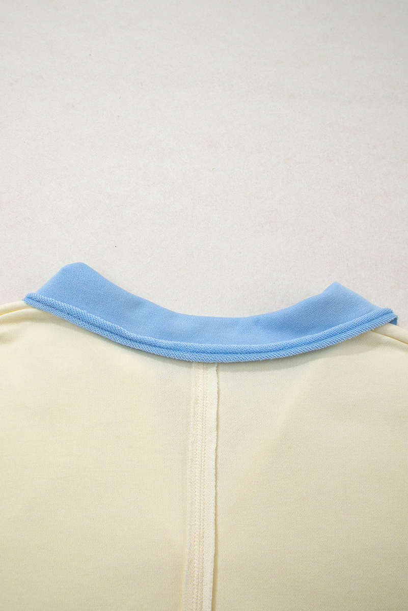 Yellow Cream Raw Seam Color Block Patchwork Plus Size V Neck Pullover