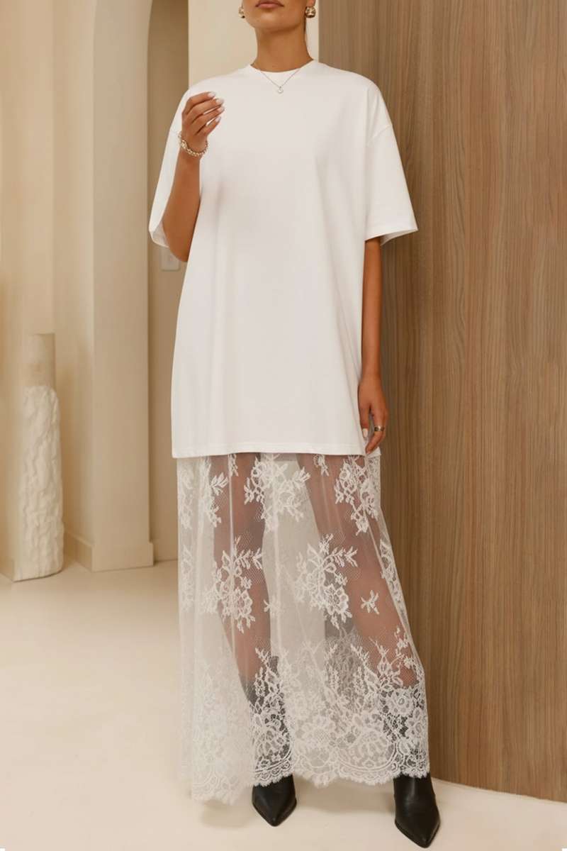 White Floral Patchwork Short Sleeve T Shirt Loose Maxi Dress