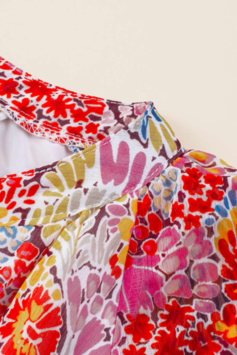 Fiery Red White Floral Print V Neck Long Puff Sleeve Top
